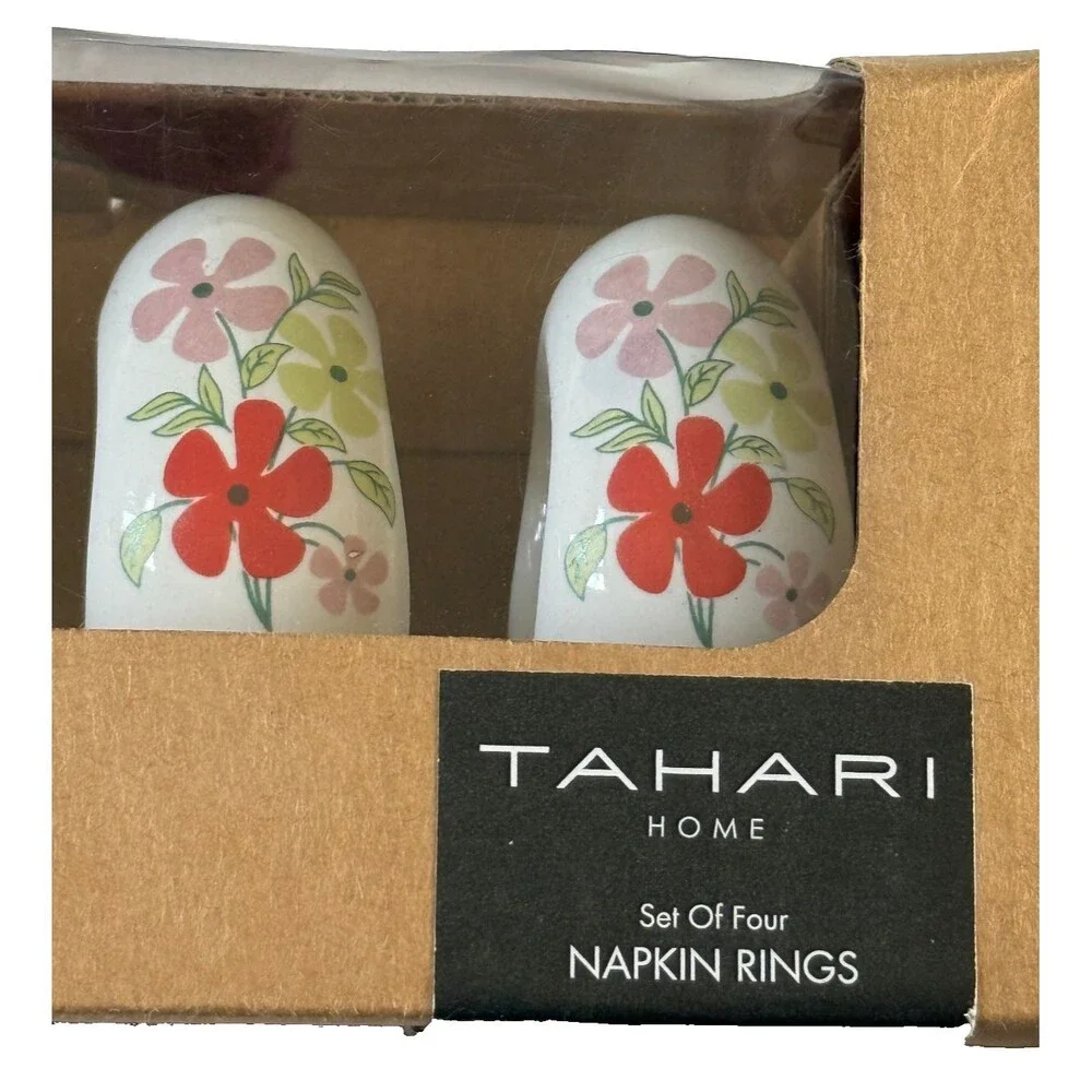 Tahari Home Napkin Rings Spring Flowers on White Ceramic Spring Summer Set of 4